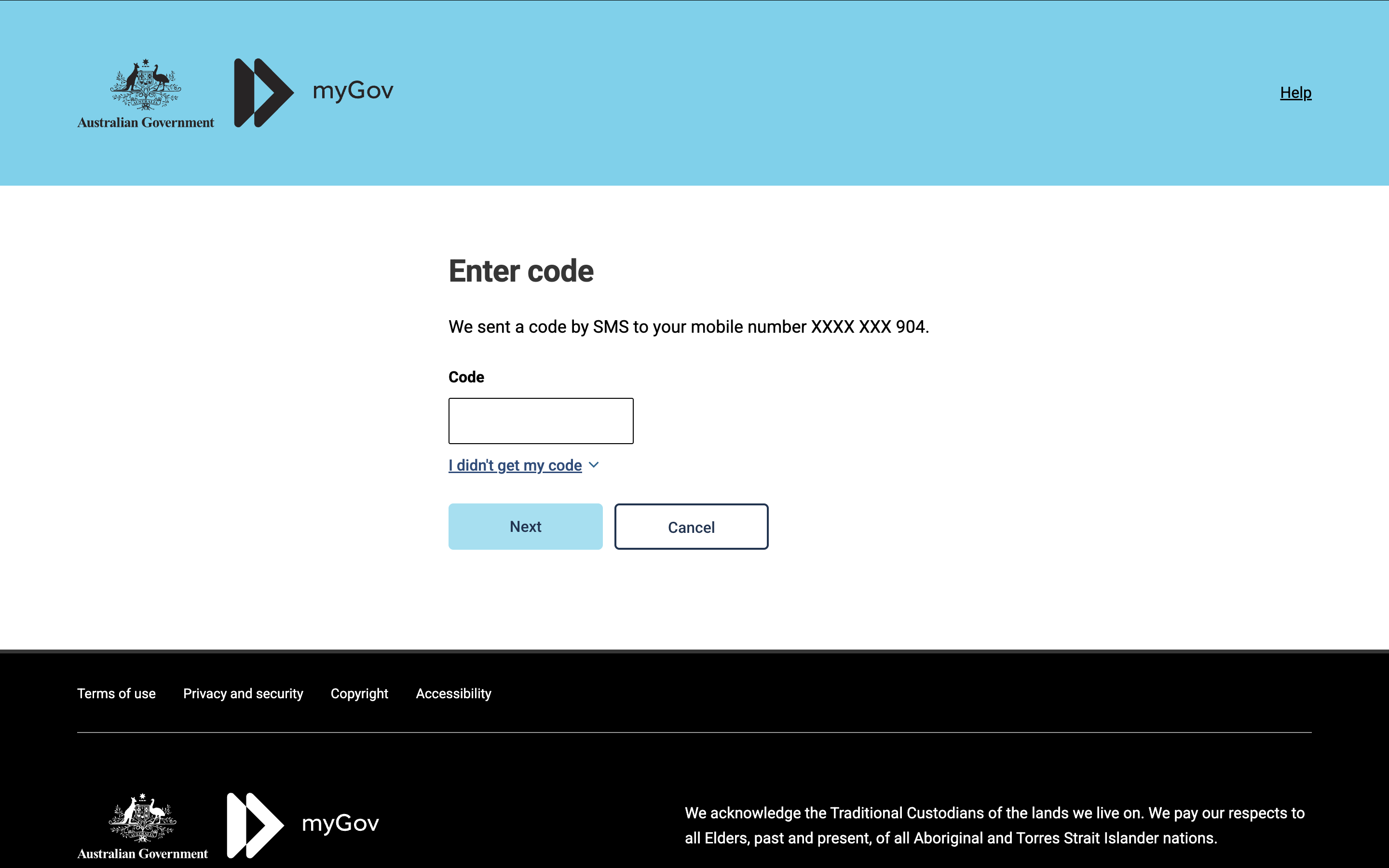 myGovの認証コード入力画面。登録した携帯番号にSMSで送られたコードを入力する