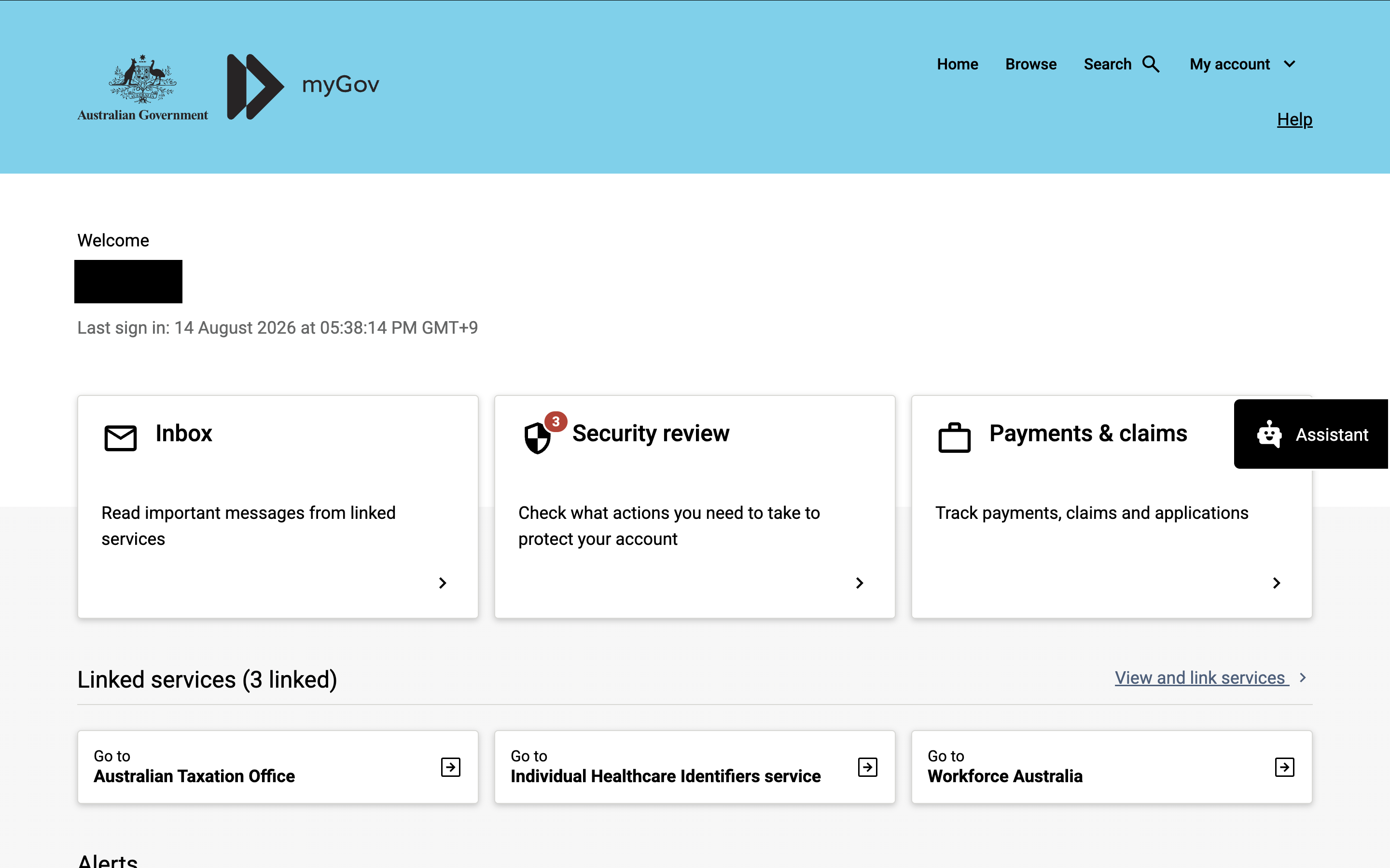 myGovのホーム画面。Linked servicesにAustralian Taxation Officeが表示されている