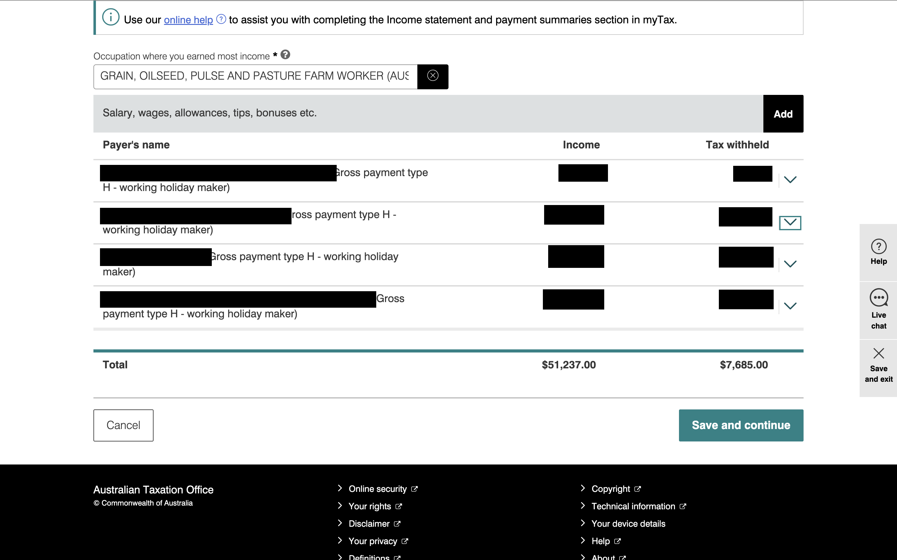 Income statements and payment summaries画面。雇用主ごとの収入と源泉徴収額が一覧表示され、合計が表示されている