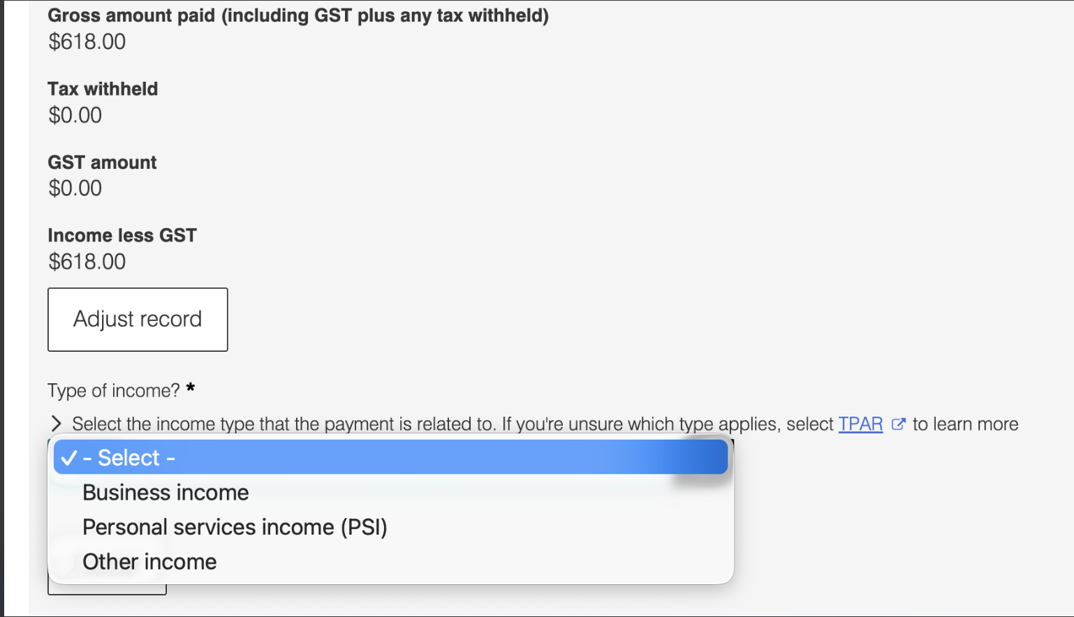 TPARの金額詳細。Gross amount paid、Tax withheld、GST amount、Income less GSTと、Type of incomeのドロップダウン