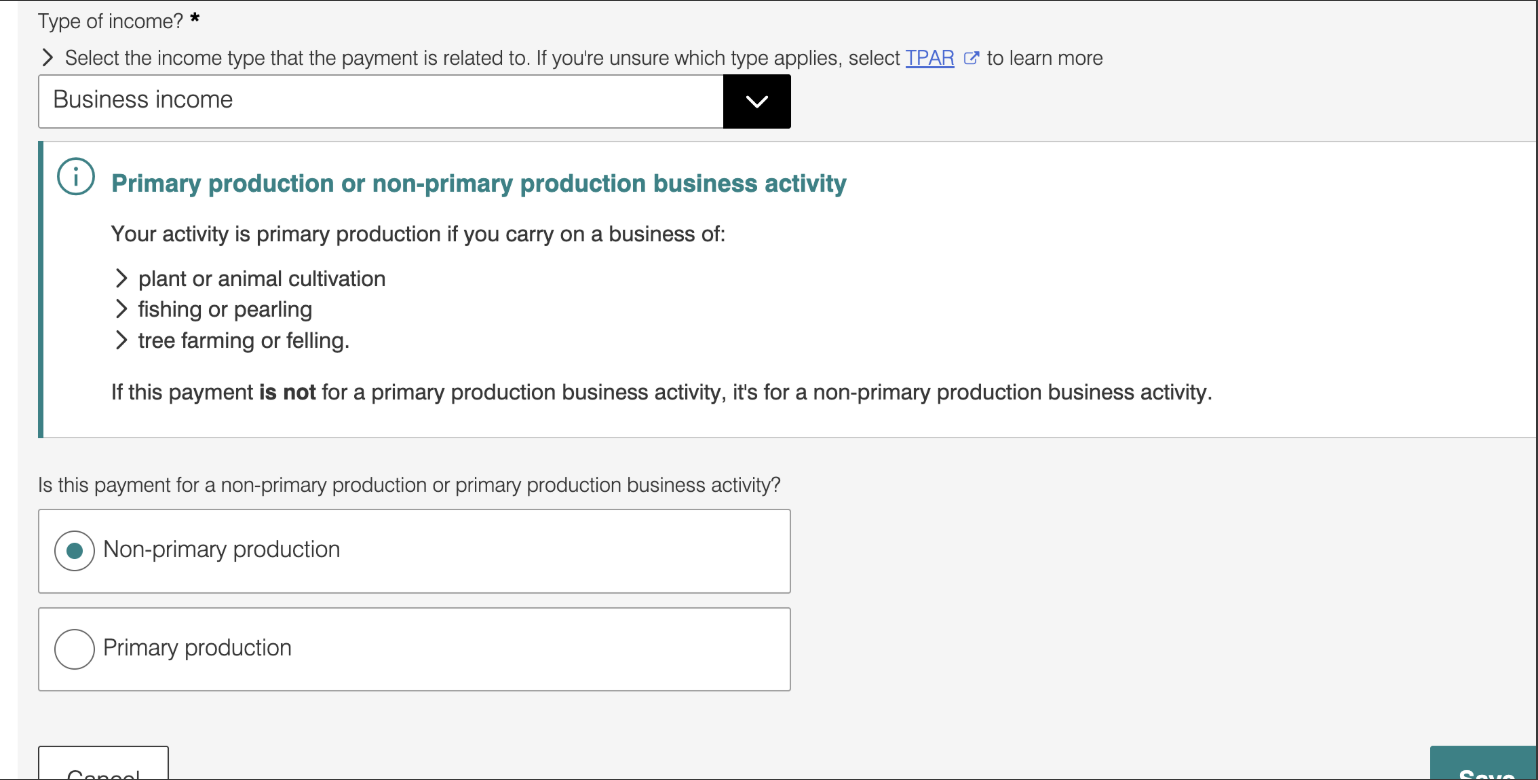 Primary production or non-primary production business activityの選択画面