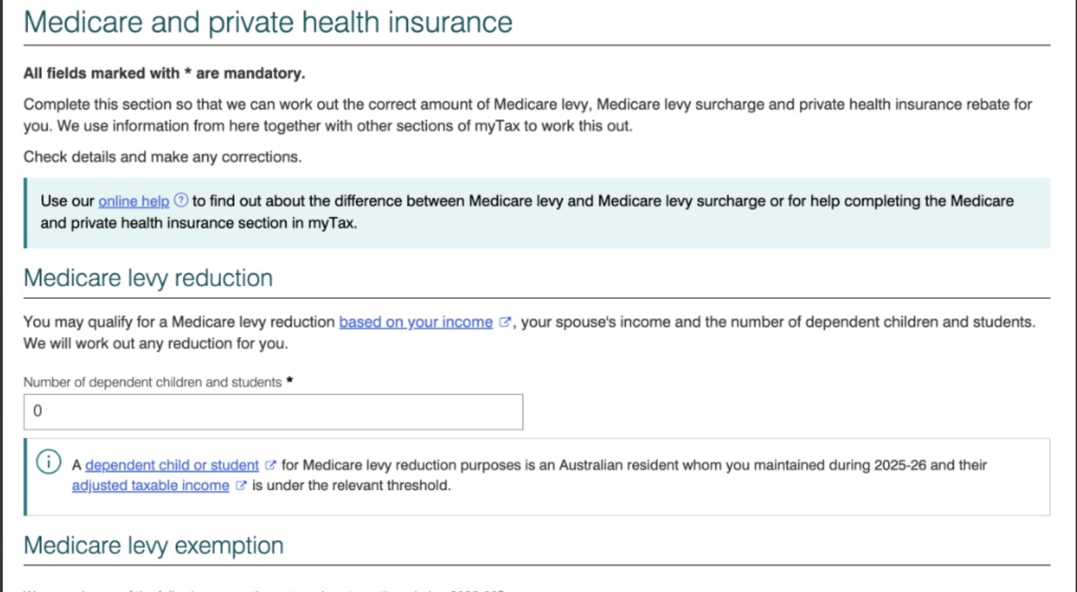 Medicare and private health insurance画面。Medicare levy reductionとMedicare levy exemptionのセクション