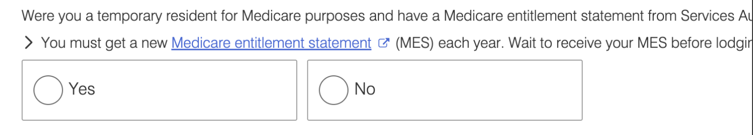 Were you a temporary resident for Medicare purposes and have a Medicare entitlement statement from Services Australia? の質問画面